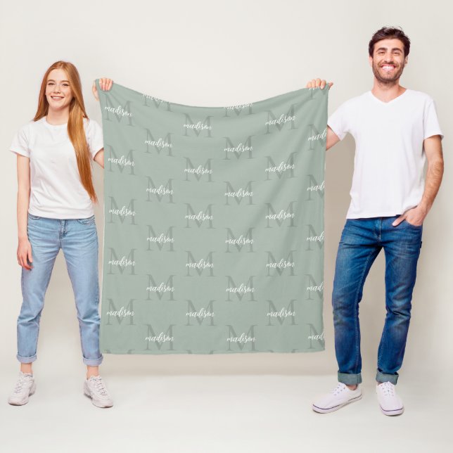 Sage Green Repeating Monogram Personalised Name Fleece Blanket (In Situ)