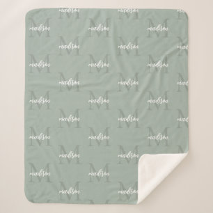 Sage Green Repeating Monogram Personalised Name Sherpa Blanket