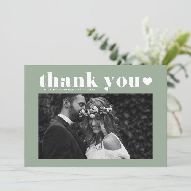 Sage Green Retro Bold Typography Photo Wedding Thank You Card (Standing Front)