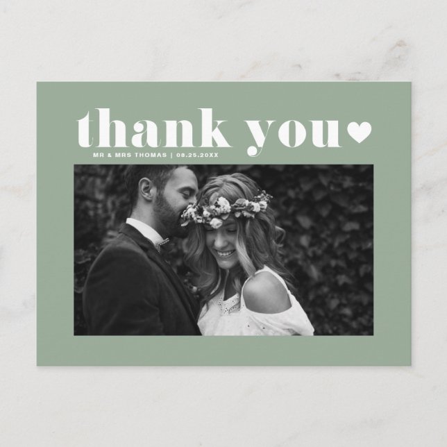 Sage Green Retro Bold Typography Wedding Thank You Postcard (Front)