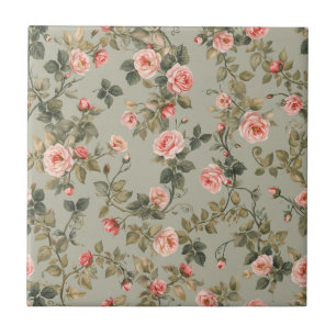 Sage Green Retro Maximalist Floral Ceramic Tile