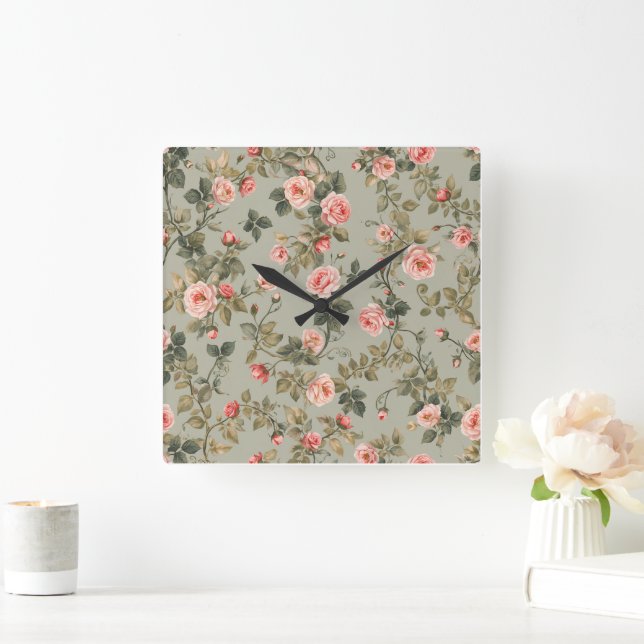Sage Green Retro Maximalist Floral Square Wall Clock (Home)