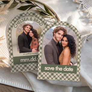 Sage Green Retro Plaid Arch Multi Photo Wedding Save The Date