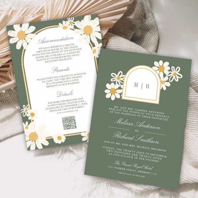 Sage Green Retro Yellow Daisy All in One Wedding Invitation (Creator Uploaded)