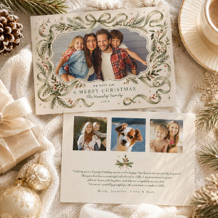 Sage Green Ribbon Bow Vintage Pine Family Photo Holiday Card