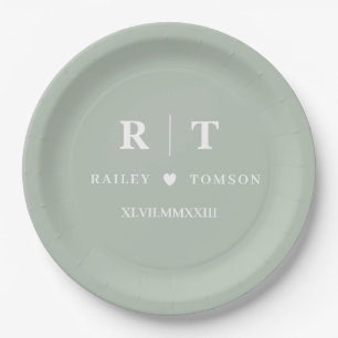 Sage Green Roman Numerals Minimalist Monogram Paper Plate