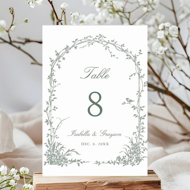 Sage Green Romantic Botanical Arch Garden Wedding Table Number (Creator Uploaded)