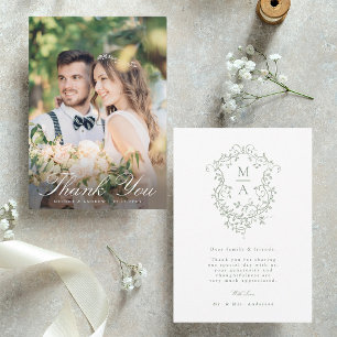 Sage Green Romantic French Floral Crest Photo  Thank You Card