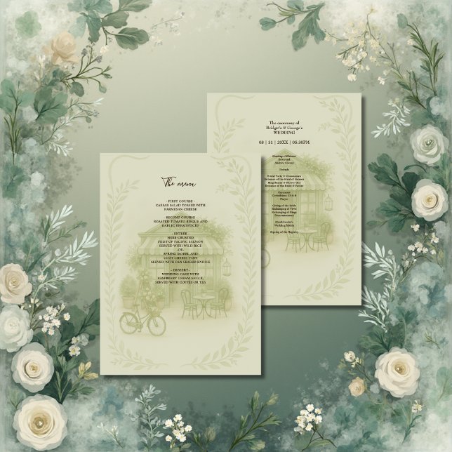 sage green romantic wedding outdoor café program (Creator Uploaded)