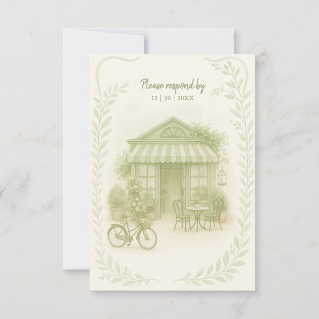 sage green romantic wedding outdoor café RSVP card (Front)