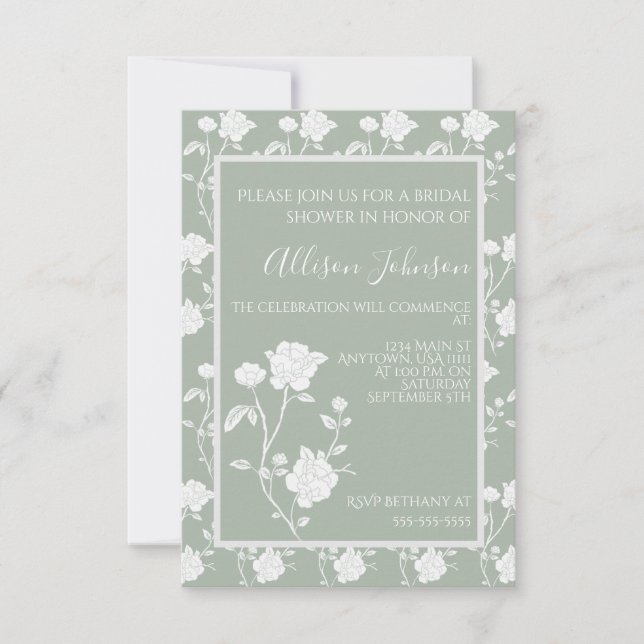 Sage Green Rose Bridal Shower Invitation (Front)