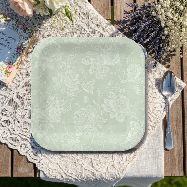 Sage Green Rose Garden Party Paper Plate (Sage Green Rose Garden Party Paper Plates)