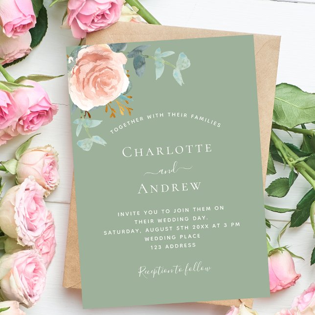 Sage green rose gold blush greenery wedding invitation (Creator Uploaded)