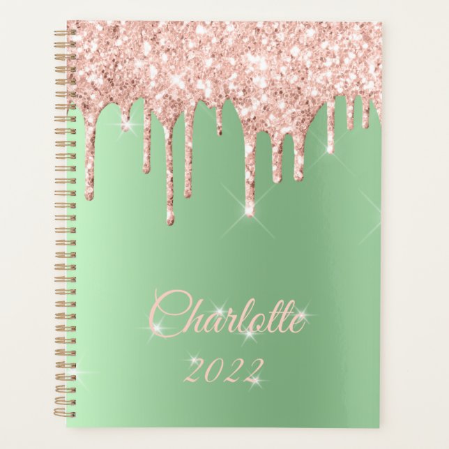 Sage Green Rose Gold Drip Glitter Sparkle Monogram Planner (Front)
