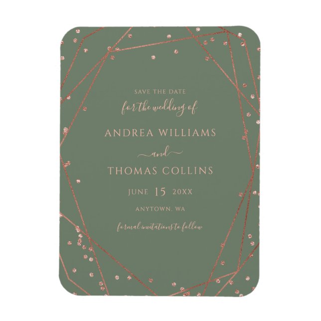 Sage Green Rose Gold Geometric Save the Date Magnet (Vertical)
