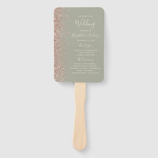 Sage Green Rose Gold Glitter Edge Wedding Program Hand Fan (Front)