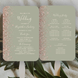 Sage Green Rose Gold Glitter Edge Wedding Program Hand Fan
