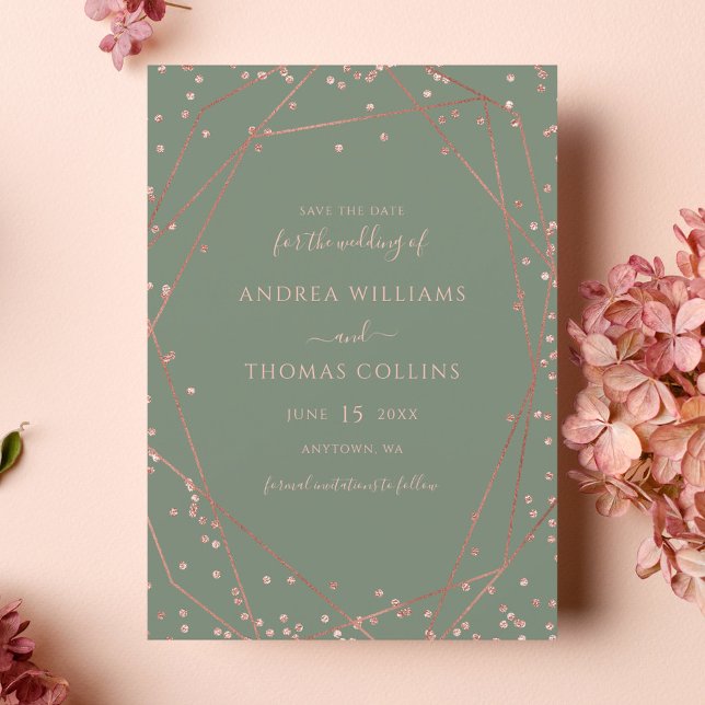 Sage Green Rose Gold Glitter Geometric Wedding Save The Date (Creator Uploaded)