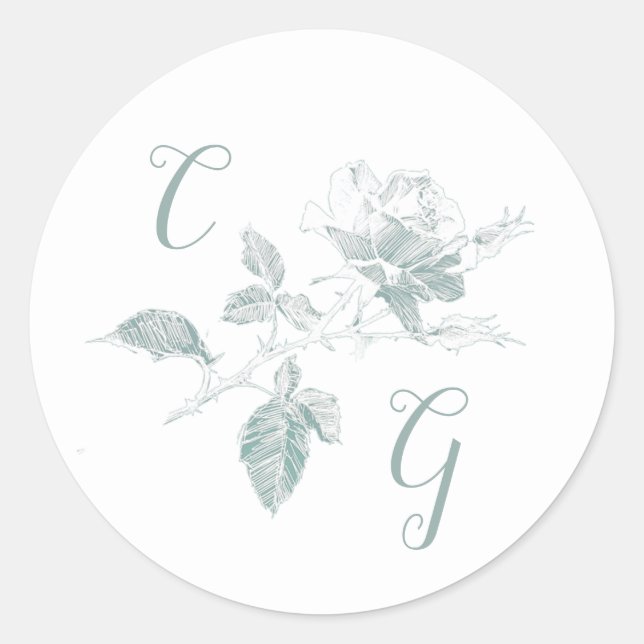 Sage Green Rose Line Art Monogram Wedding Classic Round Sticker (Front)