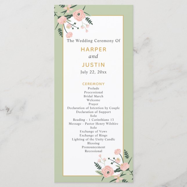 Sage Green & Rose Pink Garden Elegant Wedding Program (Front)