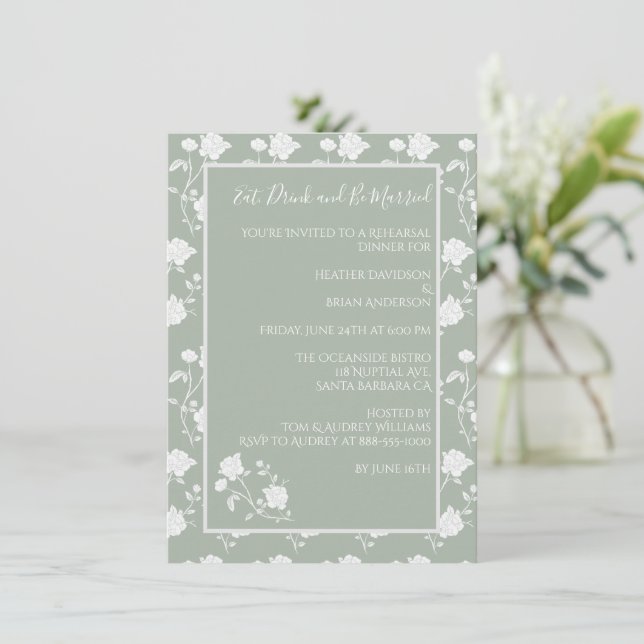 Sage Green Rose Rehearsal Dinner Invitation (Standing Front)