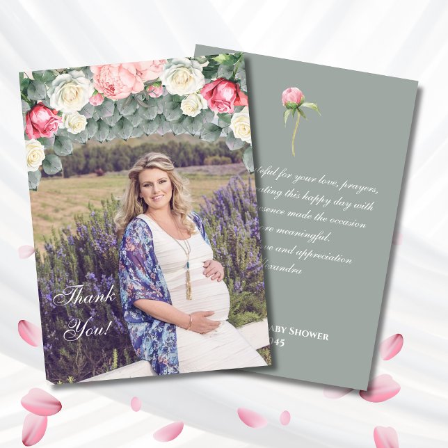 Sage Green Roses Baby Shower Photo Thank You Card (Creator Uploaded)