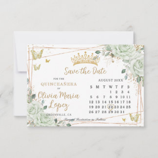 Sage Green Roses Floral Gold Quinceañera Calendar Save The Date