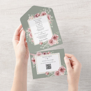 Sage Green Roses Floral QR Code Wedding All In One Invitation