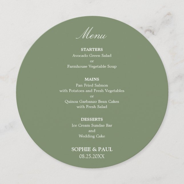 Sage Green Round Wedding Menu (Front)
