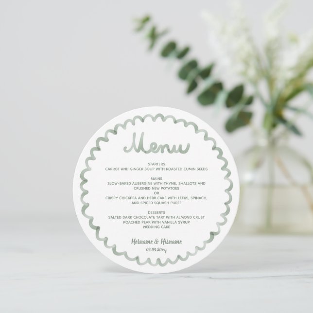 Sage Green Round Whimsical Frame Wedding Menu (Standing Front)