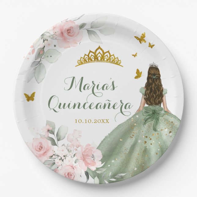 Sage Green Royale Quinceañera 16th Paper Plate (Front)