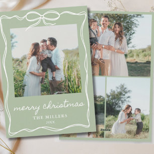 Sage Green Rustic Bow Christmas 4 Photo Family Holiday Card