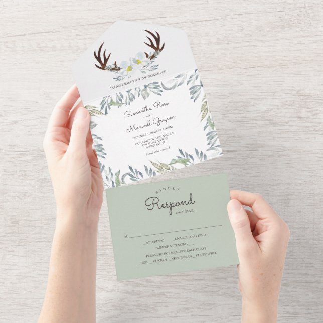 Sage Green Rustic Florals All In One Invitation (Tearaway)