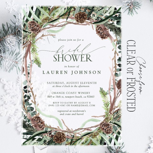 Sage Green Rustic Greenery Pinecone Bridal Shower Acrylic Invitations (Creator Uploaded)