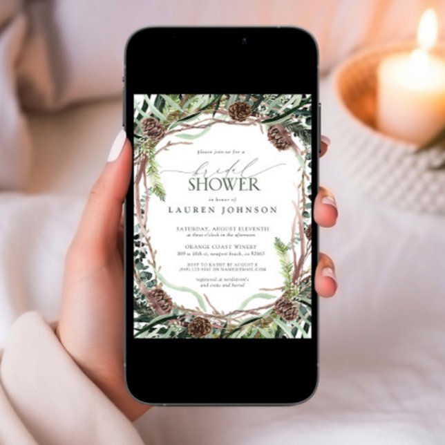 Sage Green Rustic Greenery Pinecone Bridal Shower Invitation (Creator Uploaded)