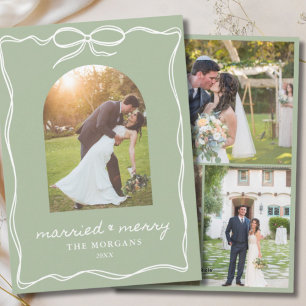 Sage Green Rustic Married & Merry 4 Photo Wedding Holiday Card