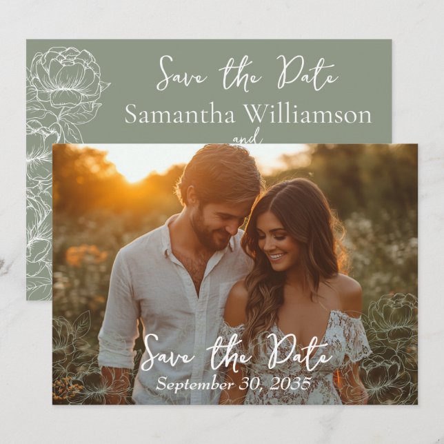 Sage Green Rustic Modern Minimalist Wedding Save The Date (Front/Back)