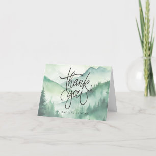 Sage Green Rustic Mountain Evergreen Trees Script Thank You Card