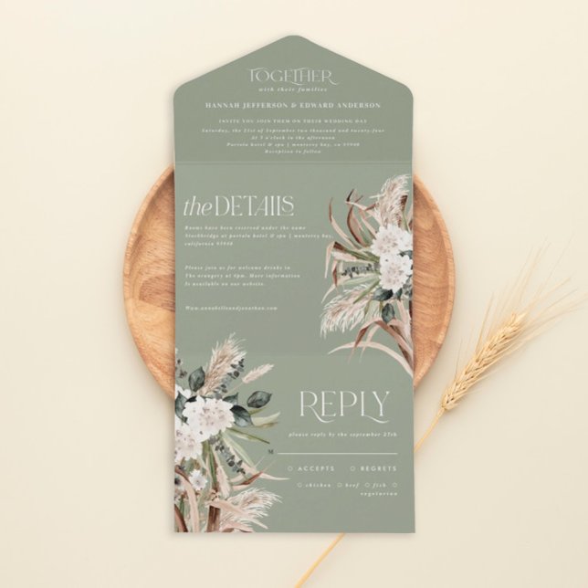sage green rustic pampas eucalyptus wedding all in one invitation (Creator Uploaded)