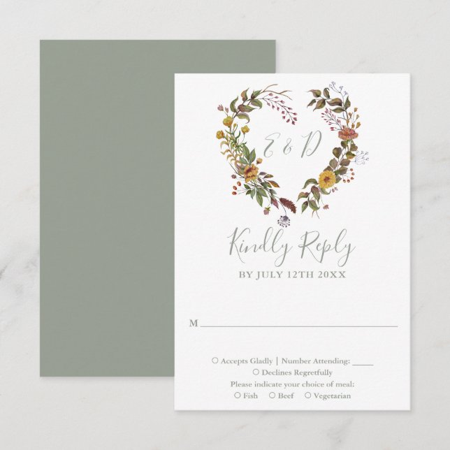 Sage Green Rustic Wildflower Floral  Wedding RSVP Card (Front/Back)