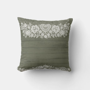 Sage Green Rustic Wood & White Lace Lacy Farmhouse Cushion