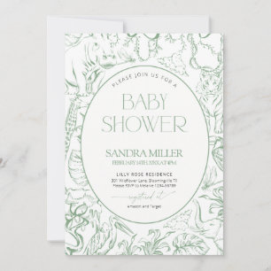Sage Green Safari Toile de Jouy Bridal Shower Invitation