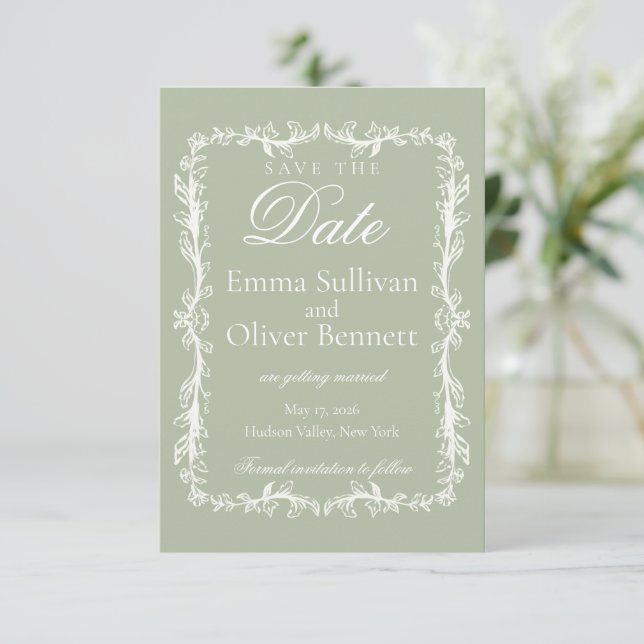 sage green save the date (Standing Front)