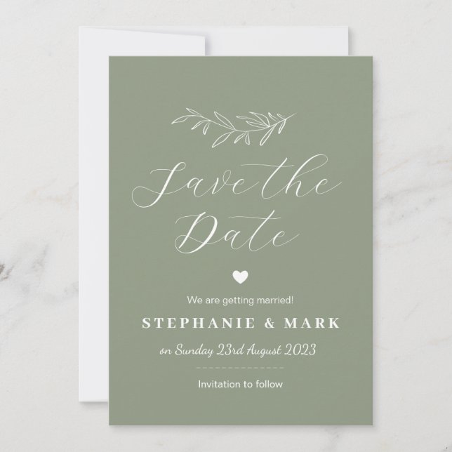 Sage green save the dates, green botanical  invitation (Front)