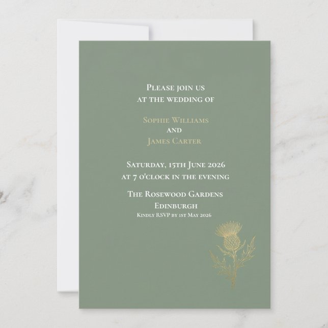 Sage Green Scottish Thistle Wedding Invitation | E (Front)