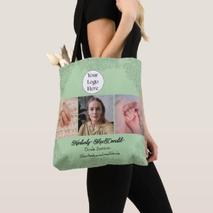 Sage green script 3 photo doula services tote bag