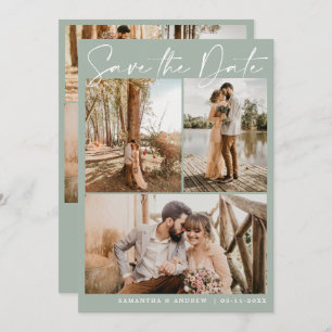 Sage green script 6 photo wedding save the date