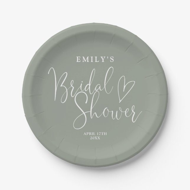 Sage Green Script Calligraphy Bridal Shower Paper Plate (Front)