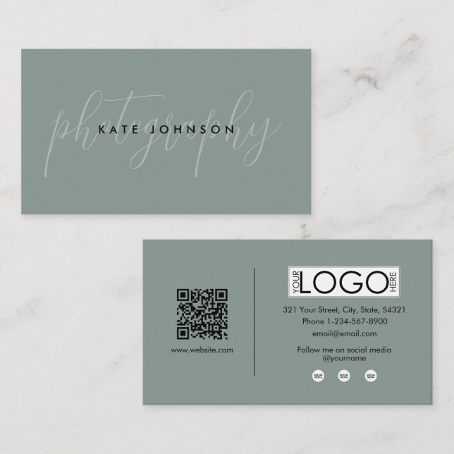 Sage Green Script Calligraphy Signature QR Code Business Card (Front/Back)