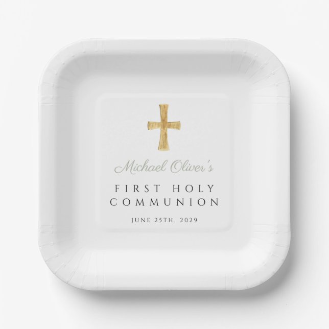 Sage GReen Script Cross Boy First Communion Paper Plate (Front)